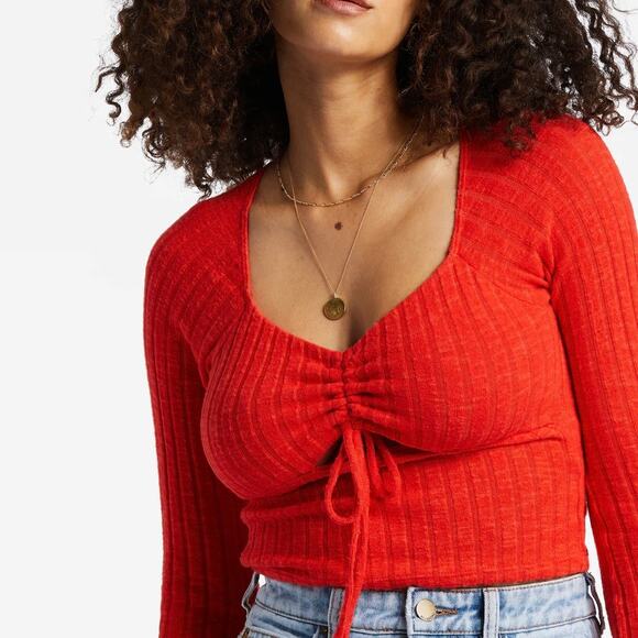 Billabong Top NWT Ribbed Long Sleeve Tie Front Red Just a Flirt Shirt Womens L - Picture 1 of 11